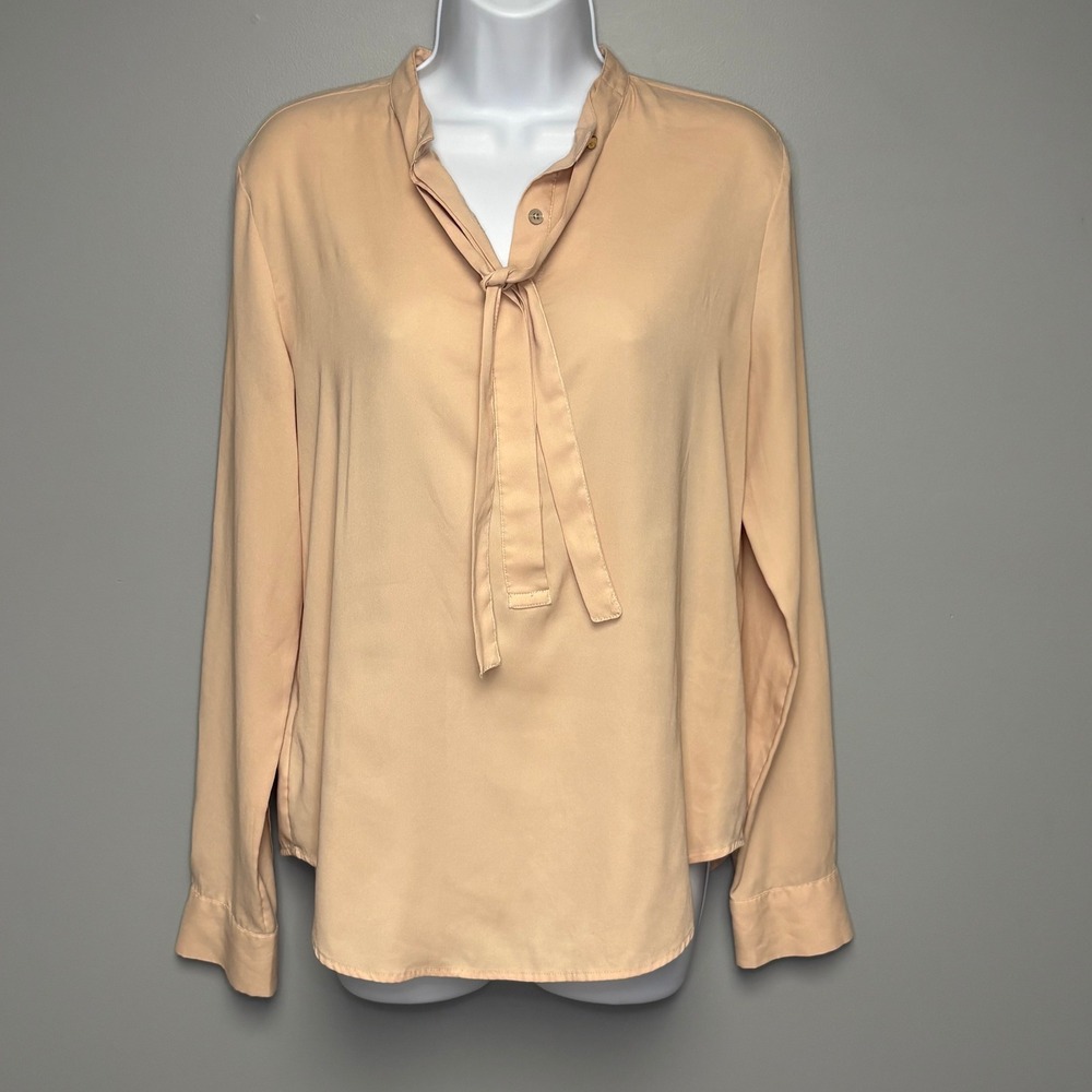 Ann Taylor Blush Pink Minimalist Preppy Academia Tie Neck Button Up Blouse Sz M